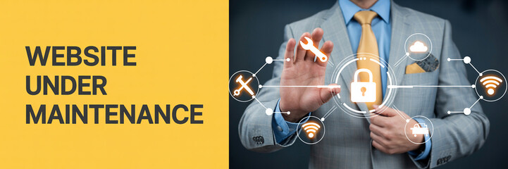 Business professional monitoring website maintenance and security with digital interface for online services