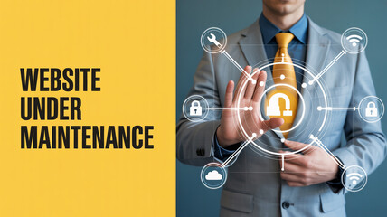 Professional businessman manages essential website maintenance with digital security network interface and lock