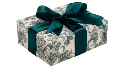 A beautifully wrapped gift box adorned with a delicate floral pattern and tied with a luxurious dark green ribbon and bow, isolated on a clean transparent background