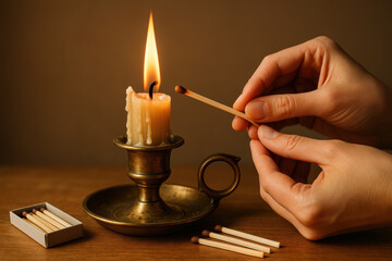 Hands lighting matchstick near burning candle in brass holder with melted wax drips on wooden table
