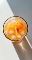 Refreshing glass of orange juice with ice cubes and citrus slices, lit by strong sunlight and casting a sharp shadow on a white surface
