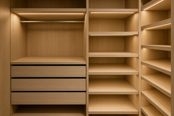 Modern wooden walk in closet with empty shelves, drawers and hanging rail under warm built in led strip lighting