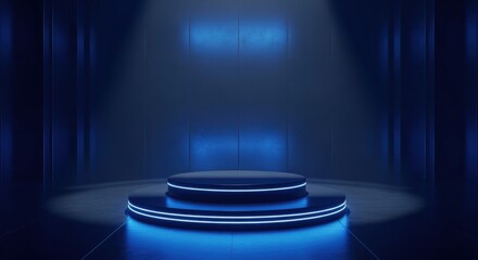 Futuristic Tiered Podium with Blue Neon Lights, Dynamic Tech Product Display in Dark Interior: Gaming Event Presentation, Abstract Geometric Showcase, Minimalist Vertical Mockup.