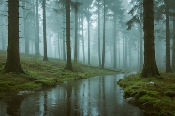 Misty forest with a calm stream flowing through tall pine trees and moss-covered ground