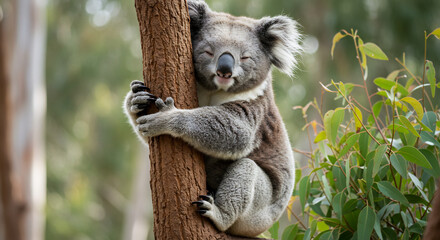 Obraz premium Sleepy koala gently rests eyes hugging a sturdy eucalyptus tree trunk in soft natural daylight. AI Generated