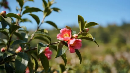 Pink camellia flowers blooming on a green bush against a clear blue sky
