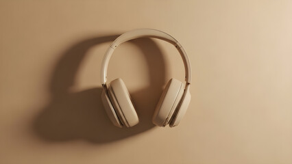 Overhead view of minimalist beige wireless headphones casting a subtle shadow on a clean monochromatic background