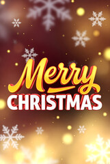 Festive golden red background with glowing snowflakes and bold Merry Christmas lettering for seasonal greetings cards banners and digital holiday promotions