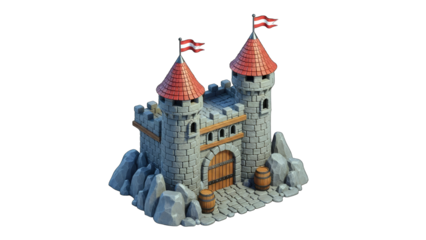 Cartoon Castle with Flags and Rocks on White Background