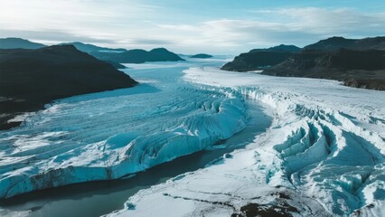 Aerial view of a vast glacier with deep crevasses and surrounding mountains under a partly cloudy sky