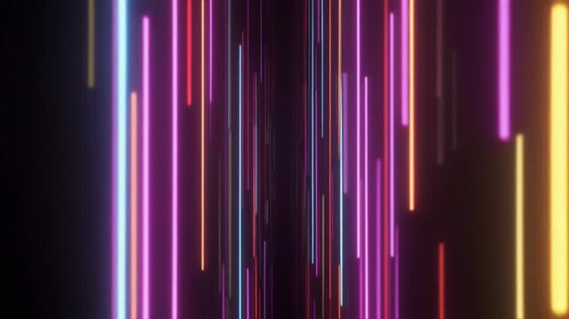 Vibrant Neon Light Show: Captivating display of glowing, multicolored neon tubes against a deep black backdrop, creating a dynamic and visually stimulating spectacle.