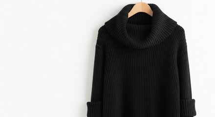 Elegant black cowl neck sweater on hanger against white wall.