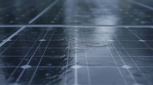 Solar Panel Harmony: Close-up of raindrops dancing on the surface of solar panels, capturing the intersection of technology and nature