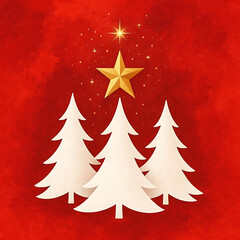 Festive winter banner with elegant white Christmas trees and sparkling golden star on bright artistic red textured background, for holiday season design, vector illustration