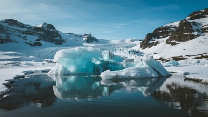 Glacial ice formation reflected in calm water amidst snow-covered mountains under a clear blue sky