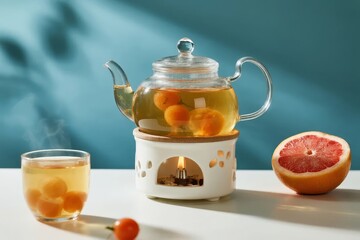 Glass teapot with citrus tea on a warming stand, accompanied by a glass of tea and a sliced grapefruit