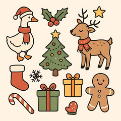 Set of cute Christmas illustrations in a hand-drawn doodle style. Collection of festive winter holiday icons including a goose, deer, and Christmas tree for greeting cards and festive design, vector 