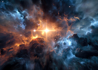 Bright stars emerge from a backdrop of dark clouds, creating a stunning display of colors in the vast expanse of space. This awe-inspiring scene captures the beauty of the universe.