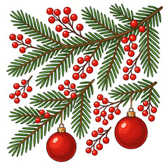 christmas tree branches with pine, red berries and balls isolated on white Vector illustration