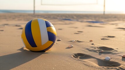 Volleyball on sandy beach with net in the background during a sunny day