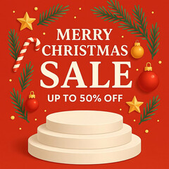 Merry Christmas sale promotion poster banner with product display and festive decoration red background Vector illustration