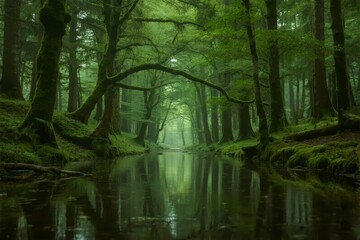A serene forest stream reflecting tall trees in a misty, green woodland.