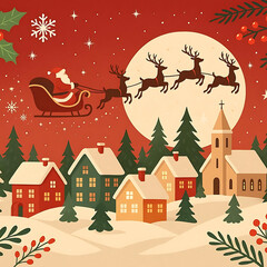  Christmas banner background with festive village winter scene Santa sleigh snow and decorative elements for holiday greetings and seasonal promotions vector illustration