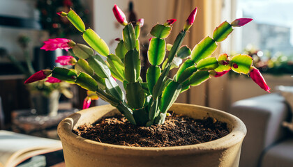 A close-up of a growing potted Christmas cactus with pink flowers. Ai