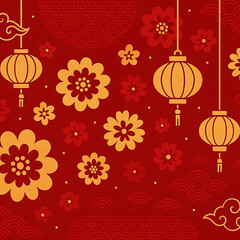Festive background for Chinese New Year 2026, decorated with hanging golden lanterns, traditional patterns, and abstract flowers. The design uses a rich red and gold color scheme to symbolize prosperi