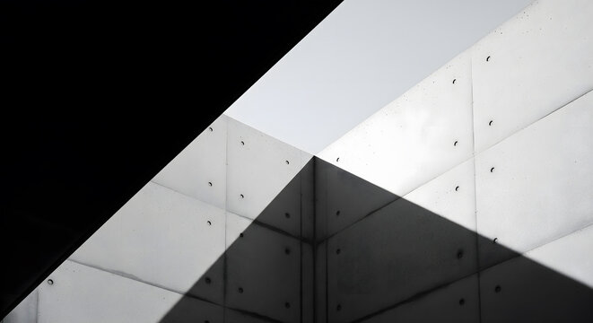 Minimalist architectural detail of concrete corner with shadow and sky
