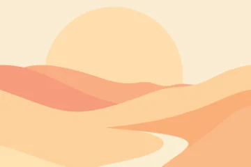 Fototapeten Beige Abstract desert dunes landscape with giant warm sun in soft orange tones, modern flat vector illustration of sand hills, summer heat, calm minimal nature and dreamy sunset mood.​  © Snezana