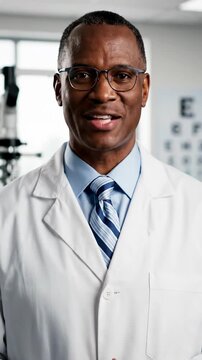 Smiling African American Optometrist In White Lab Coat And Glasses In Examination Room With Eye Chart