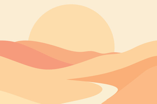 Abstract desert dunes landscape with giant warm sun in soft orange tones, modern flat vector illustration of sand hills, summer heat, calm minimal nature and dreamy sunset mood.​