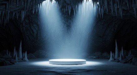 White Podium in Ice Cave with Stalactites, Dramatic Frozen Product Display under Blue Spotlight: Winter Season Showcase, Fantasy Adventure Background, Cold Environment.