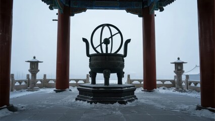 Ancient bronze astronomical instrument in a traditional pavilion during winter
