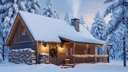 Cozy winter cabin scene with snow-covered roof, Christmas lights, and wreath
