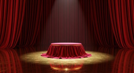 Glamorous Theatre Stage Podium Draped in Red Velvet Curtains, Luxurious Spotlight Display: Award Ceremony Backdrop, Exclusive Product Launch, Movie Premiere.