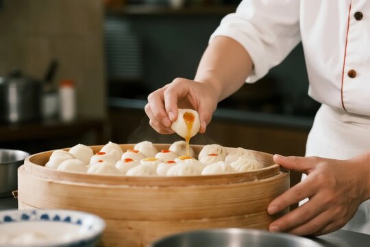 Chef adding egg yolk to steamed buns in a bamboo steamer - Powered by Adobe