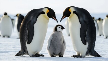 Fototapeta premium Two adult emperor penguins standing with their chick on a snowy landscape, surrounded by other penguins in the background.
