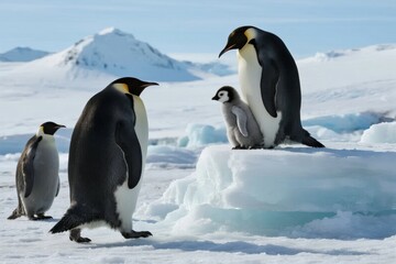 Emperor penguins with chick on icy Antarctic landscape
