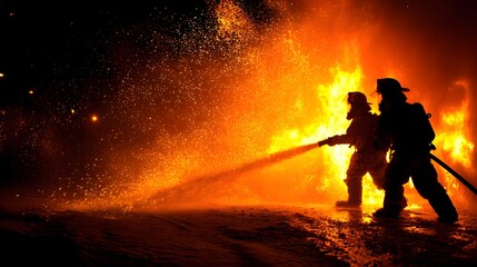 Two silhouettes of emergency responders battling a massive blaze with a stream of water