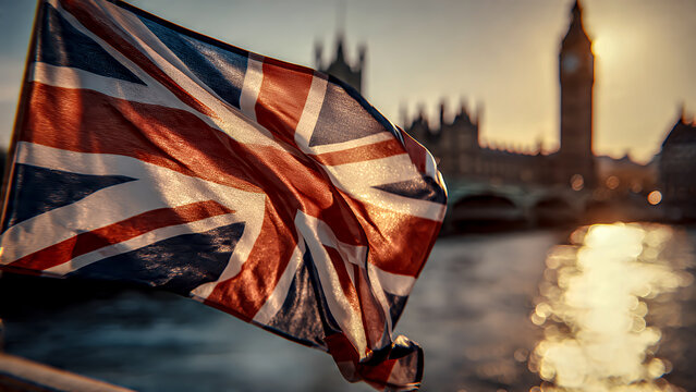 Close-up of the UK Union Jack flag waving, with a backlit Big Ben and Houses of Parliament blurred in the background during a golden sunset in London.