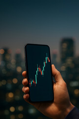 Hand holding smartphone with bullish candlestick chart against night city bokeh, mobile trading and investing concept with rising market trend
