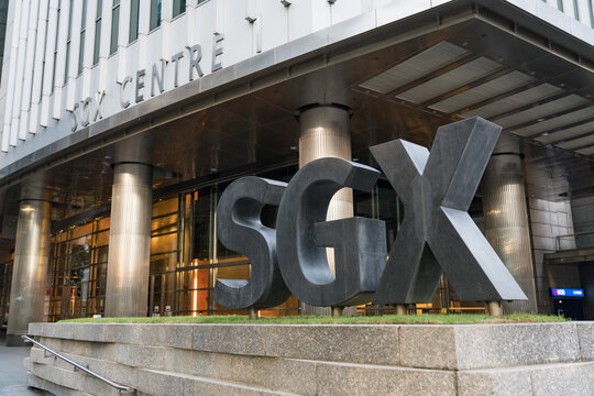 Singapore - April 3 2020: Exterior view of the Singapore Exchange (SGX) headquarters building with prominent logo sign with copy space