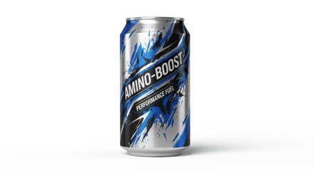 Metallic beverage container featuring dynamic blue and black graphics stands on a white surface.