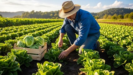 A farmer in a straw hat working in a vibrant green field. He is surrounded by rows of fresh produce in a sunlit outdoor area