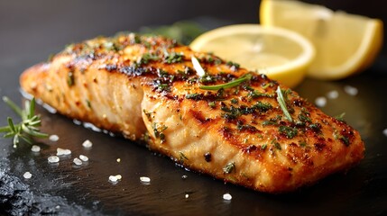 Seasoned grilled salmon fillet rests on a dark slate surface beside lemon wedges