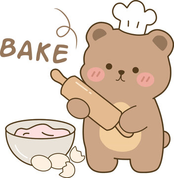 A little chef bear mixing batter with eggs and a bowl in front of him.
