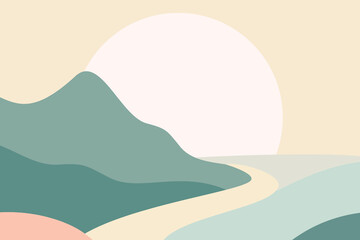 Abstract mountain landscape with soft green hills, winding path and giant pale sun, modern flat vector illustration of calm nature, freedom and minimal scenic travel.​