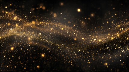 Brilliant golden particles flow dynamically across a deep black background creating an abstract wave pattern